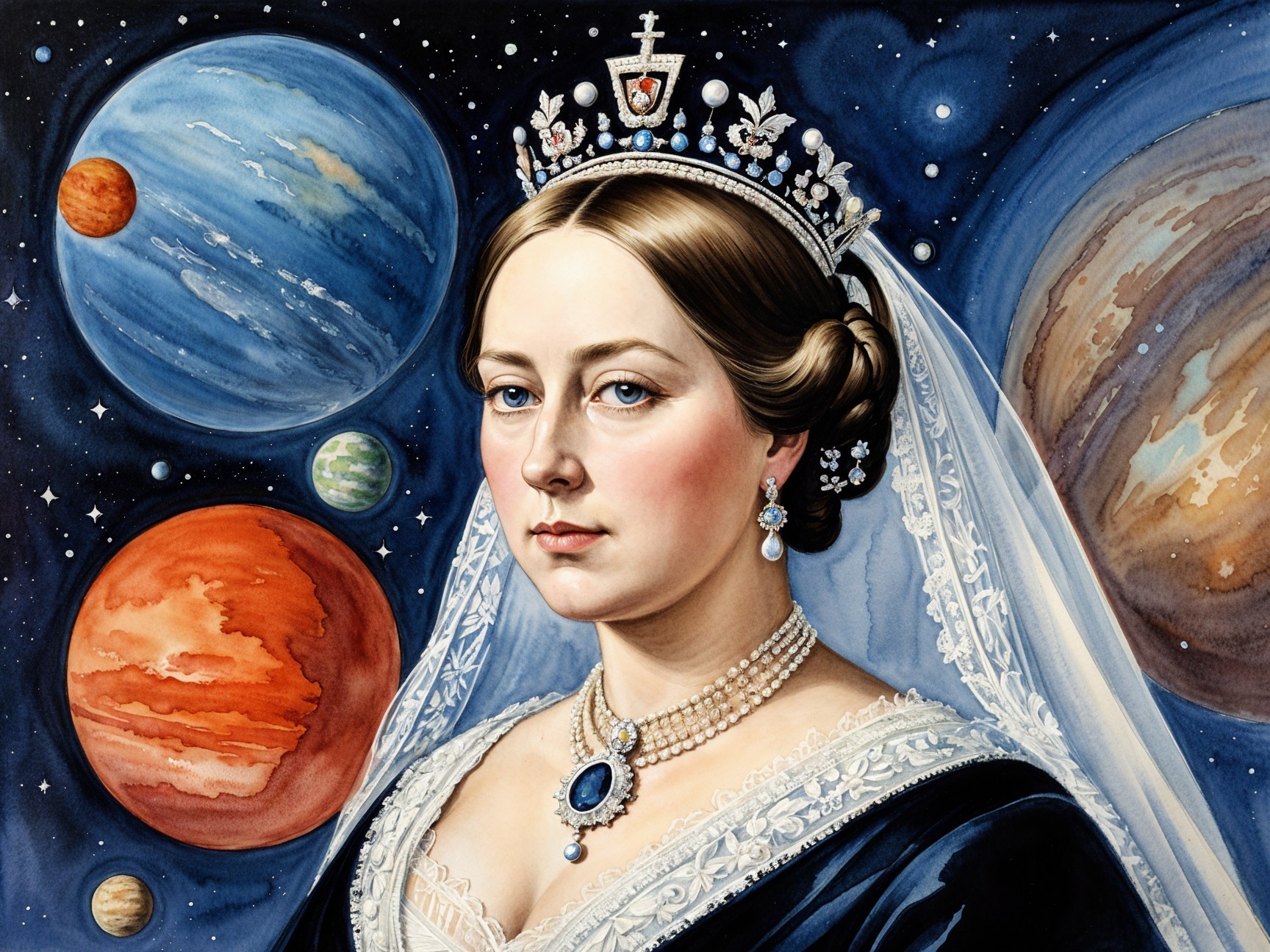 Regal Woman in Dark Gown Against Cosmic Backdrop