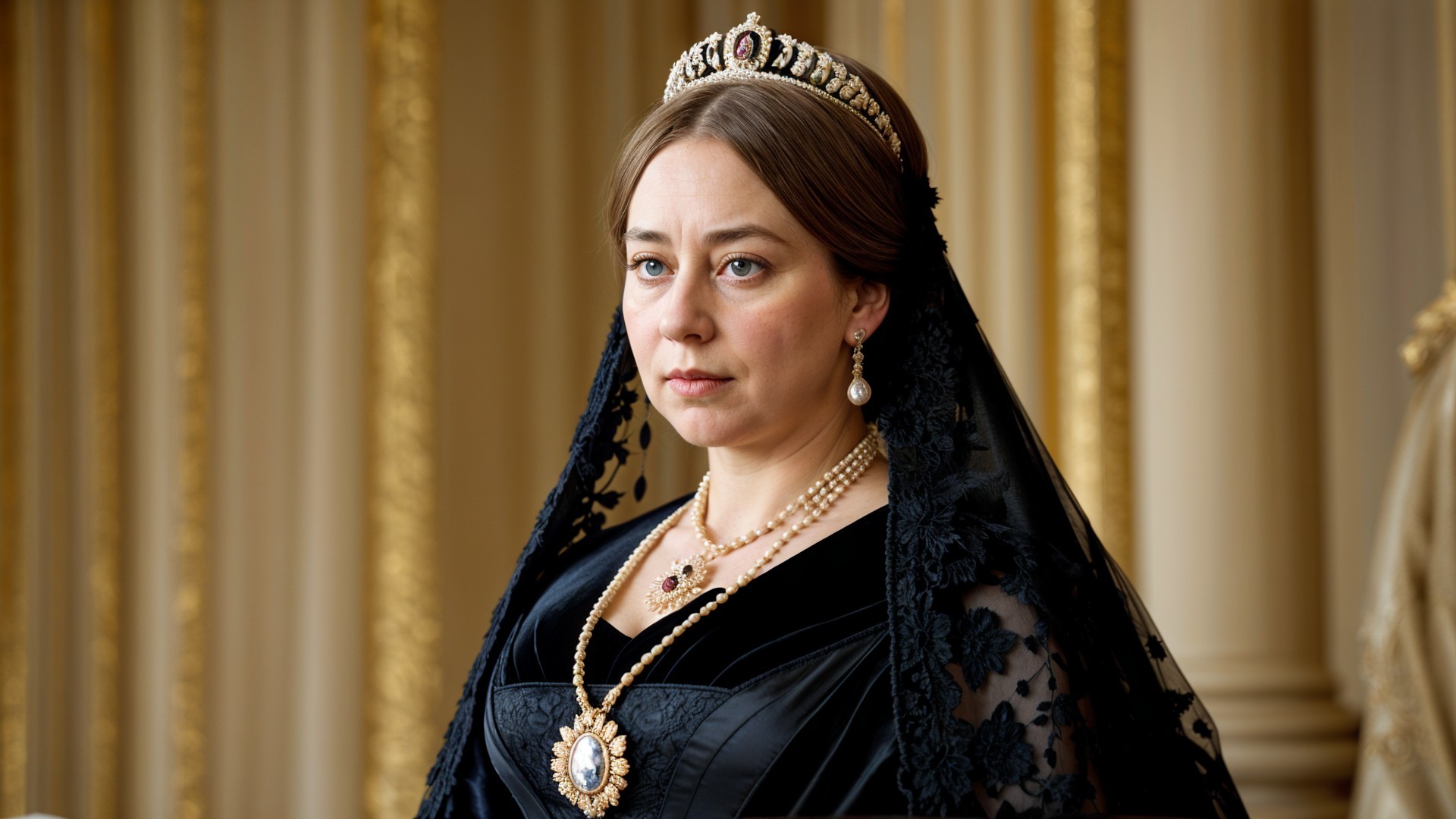 Regal Woman in Black Gown with Ornate Background