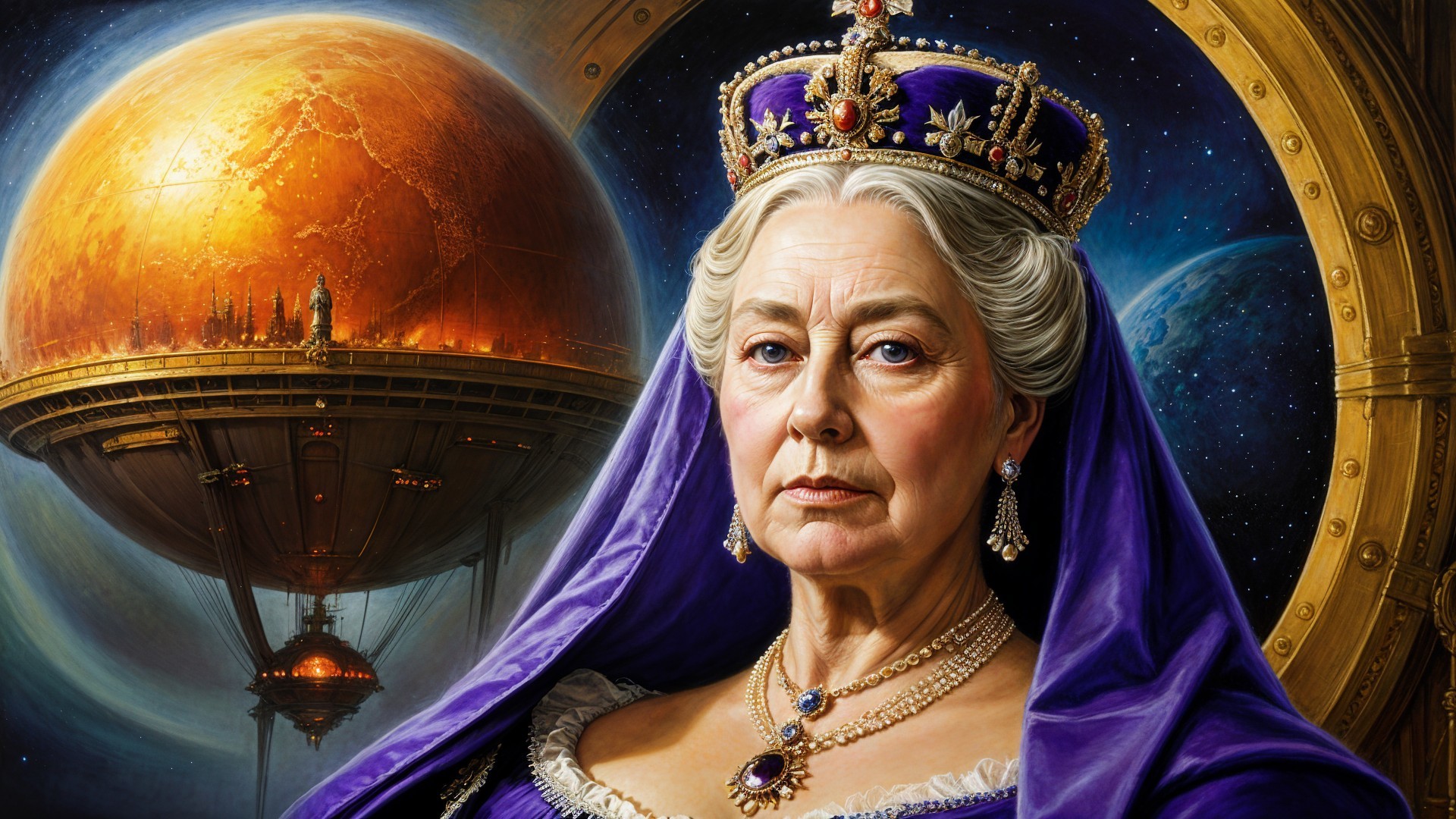 Regal Figure in Crown with Sci-Fi Elements and Colors