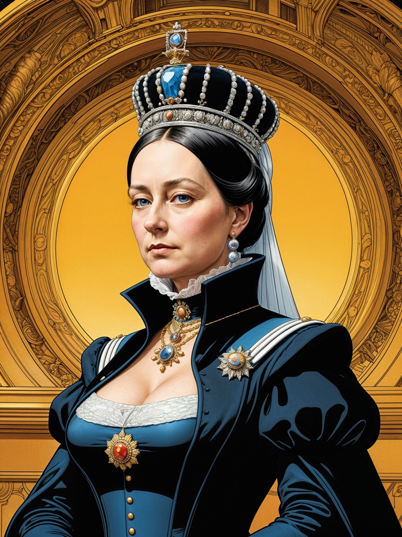 Regal Woman in Elegant Dark Blue Gown and Crown
