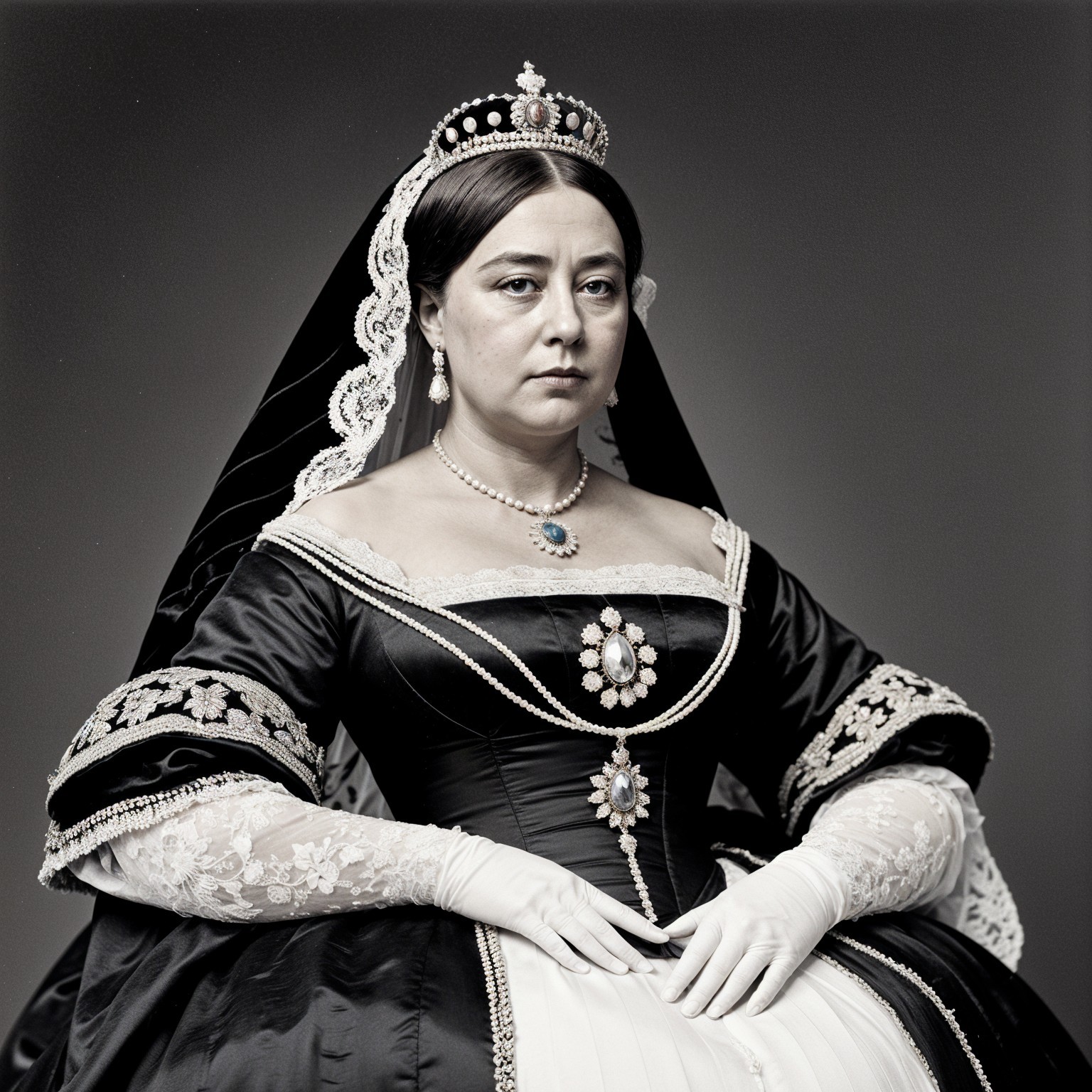 Elegant Woman in Black Gown with Tiara and Gloves