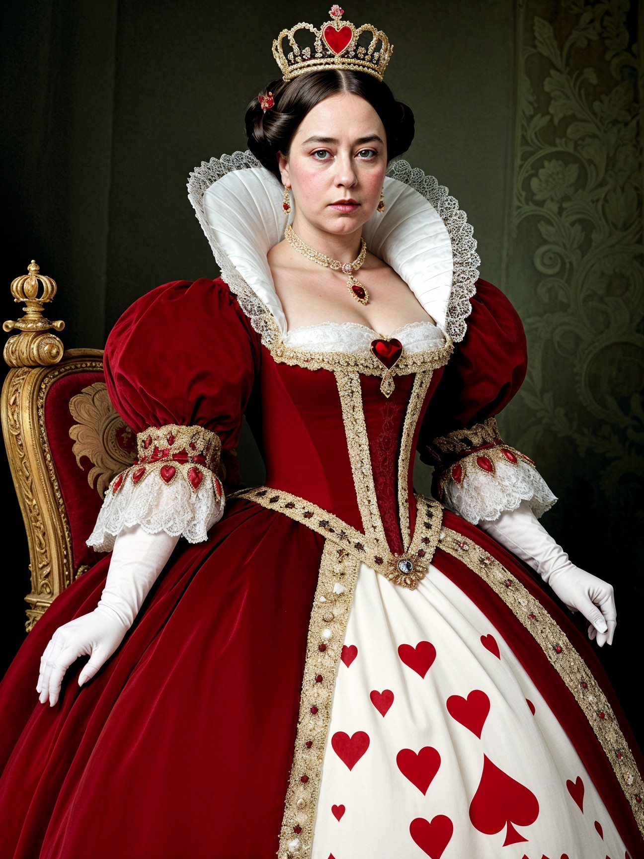 Regal figure in red gown with lace and tiara