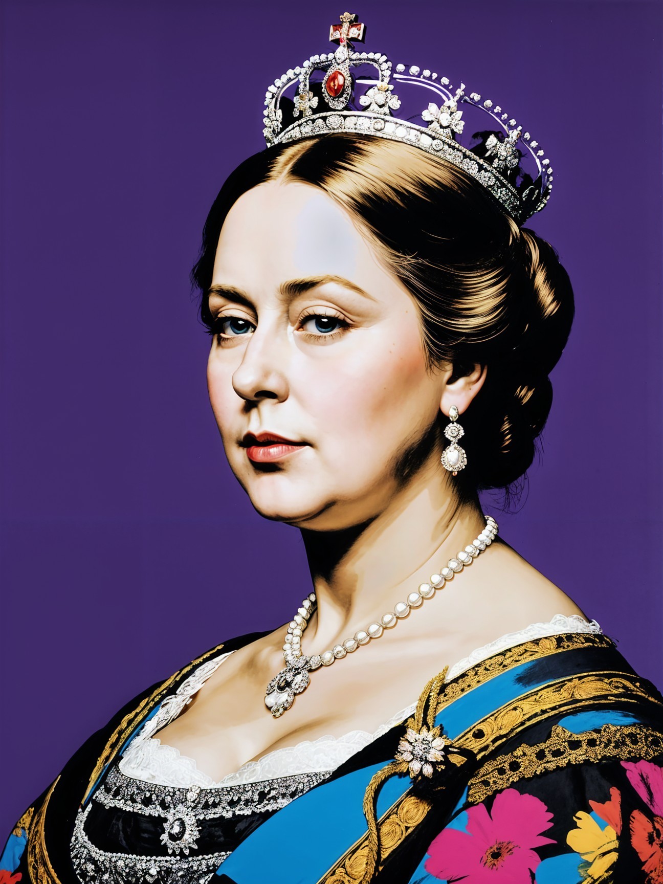 Regal Woman in Floral Gown and Jeweled Crown