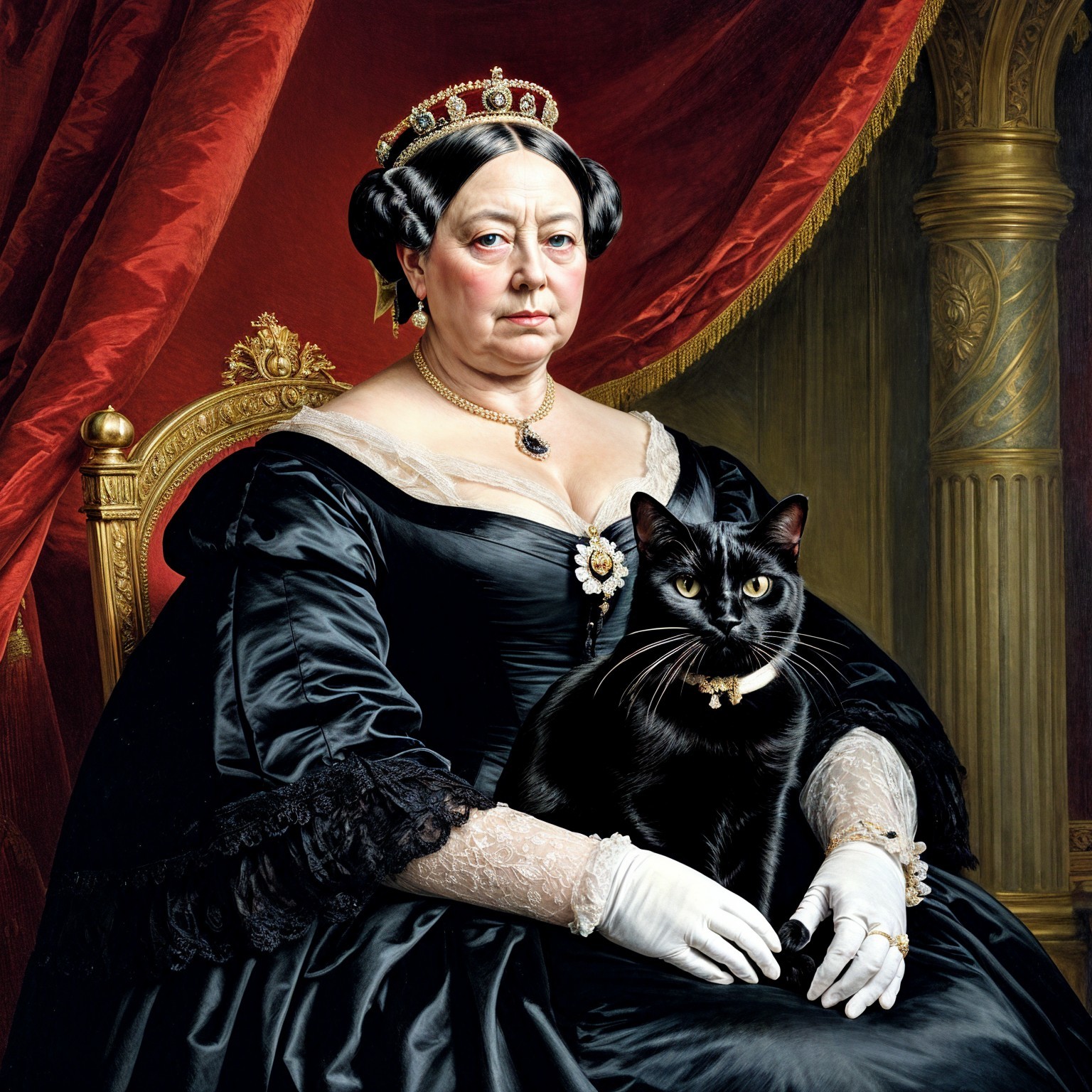 Regal Woman in Black Gown with Cat and Red Drapery