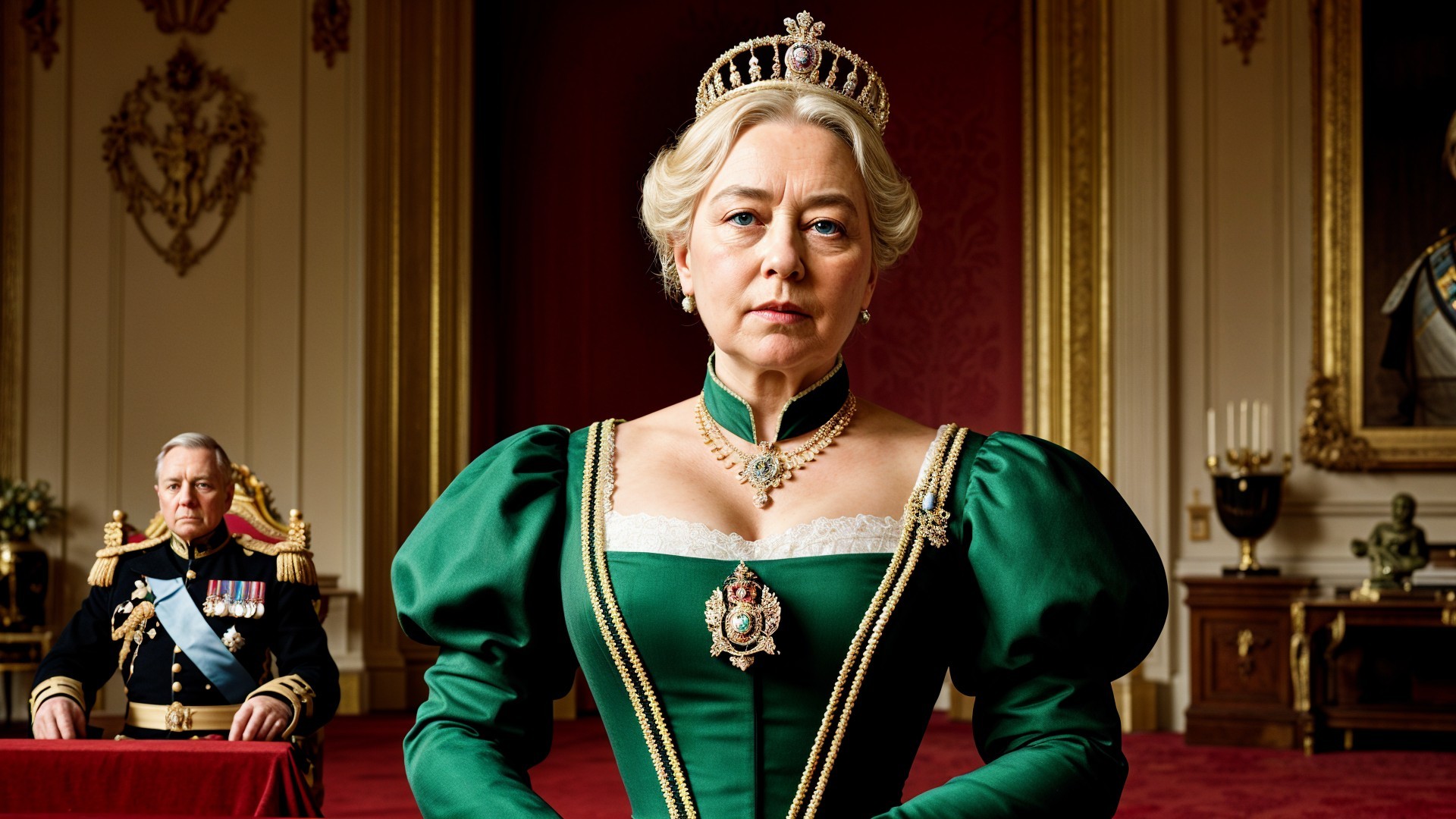 Regal Scene with Royal Figure in Green Gown and Jewelry