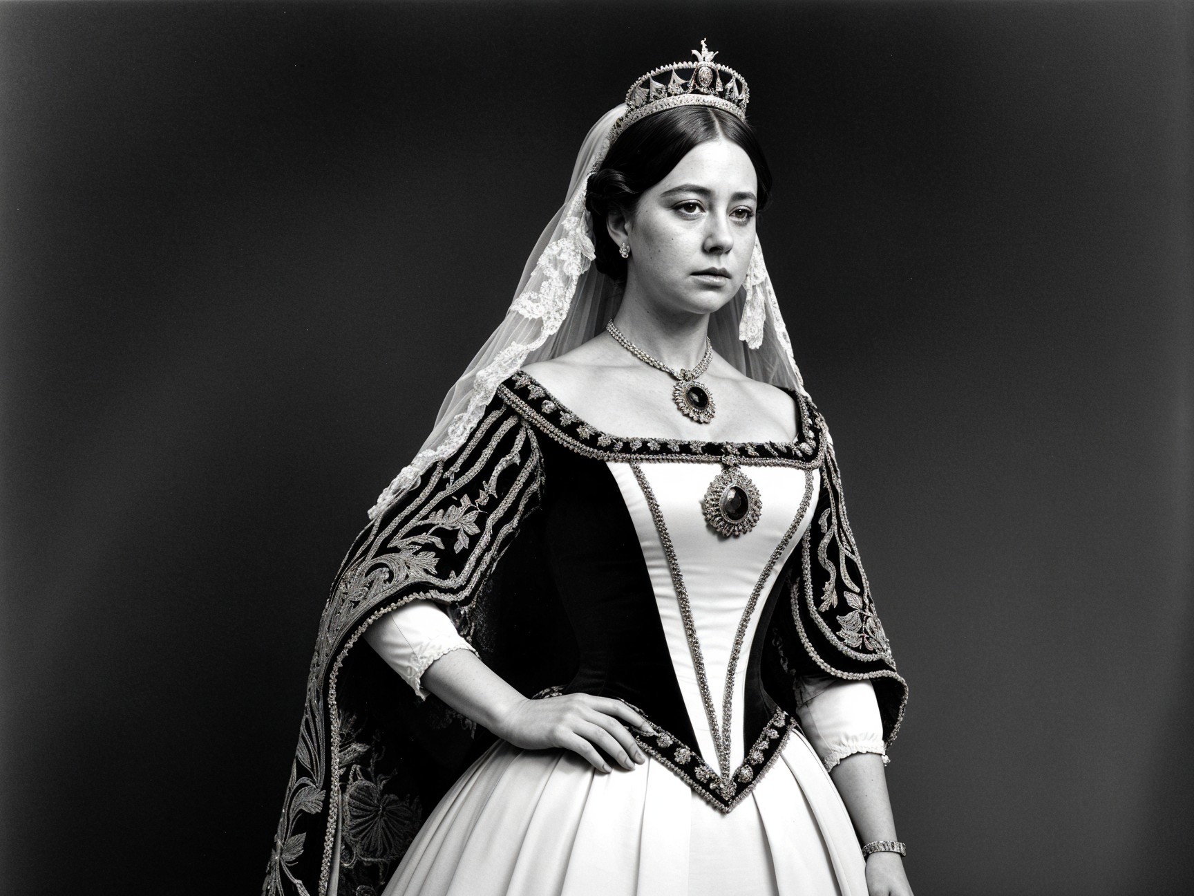 Elegant Woman in Historical Gown with Regal Accessories