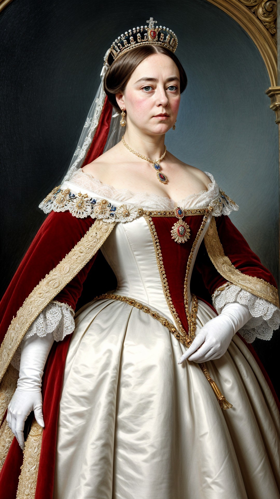 Regal figure in elegant gown with red and gold details