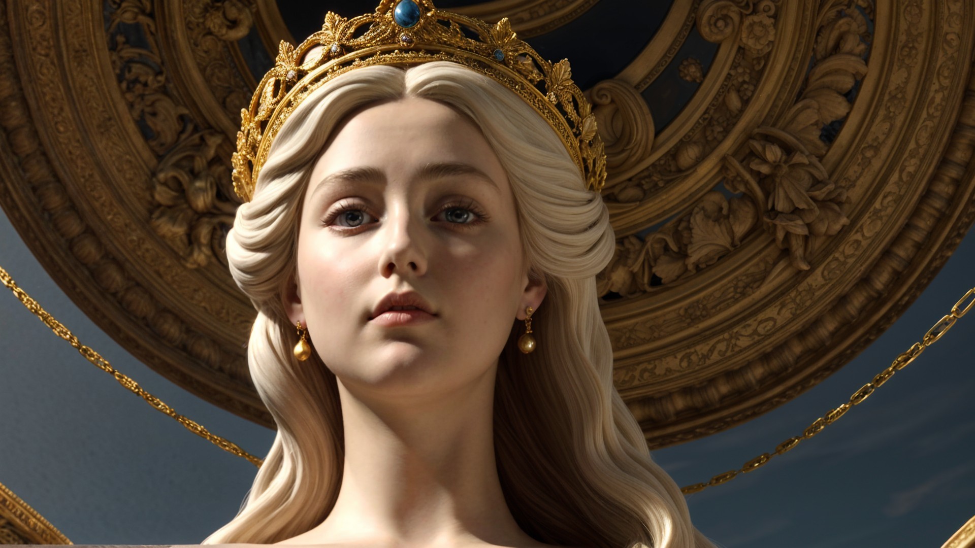 Regal figure with crown and ornate architectural background