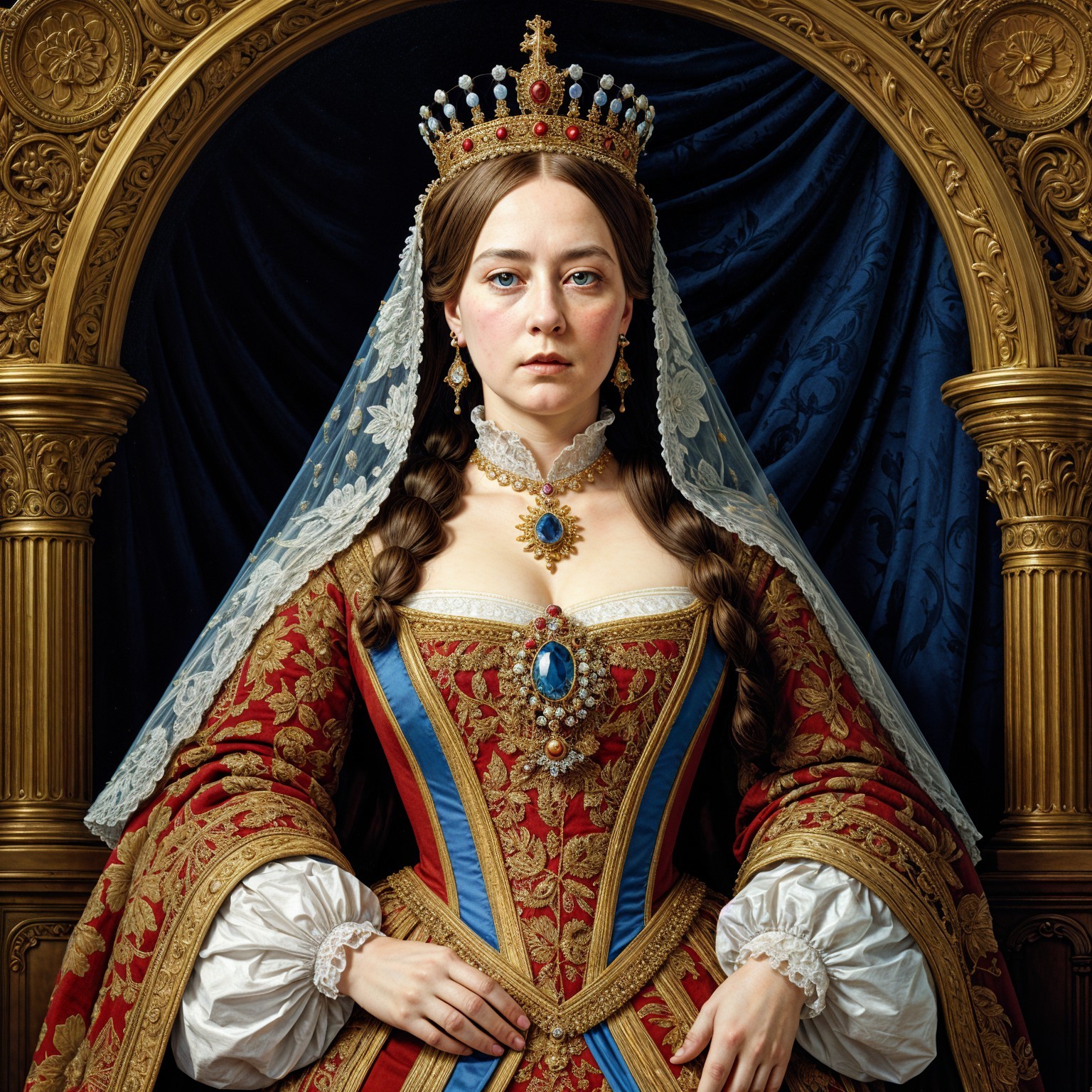 Regal figure in ornate gown with gold patterns