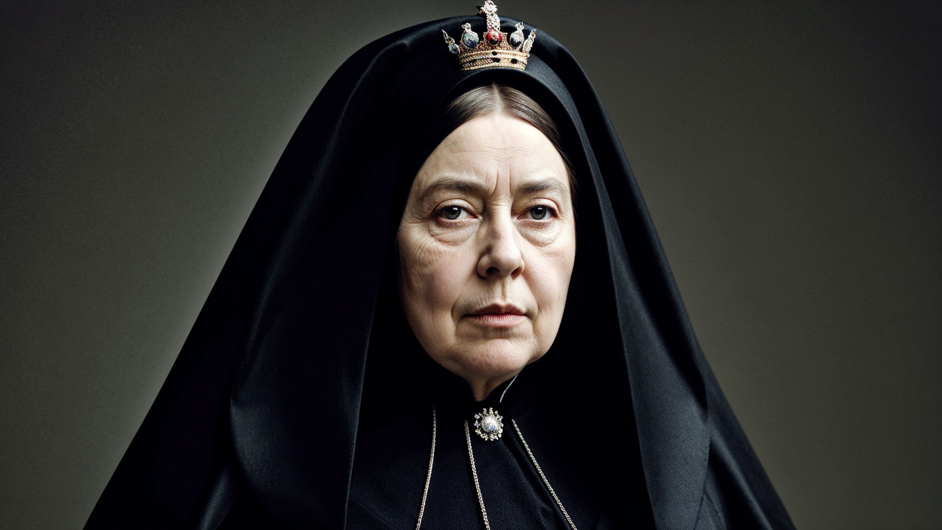 Solemn Older Woman in Black Veil and Regal Crown