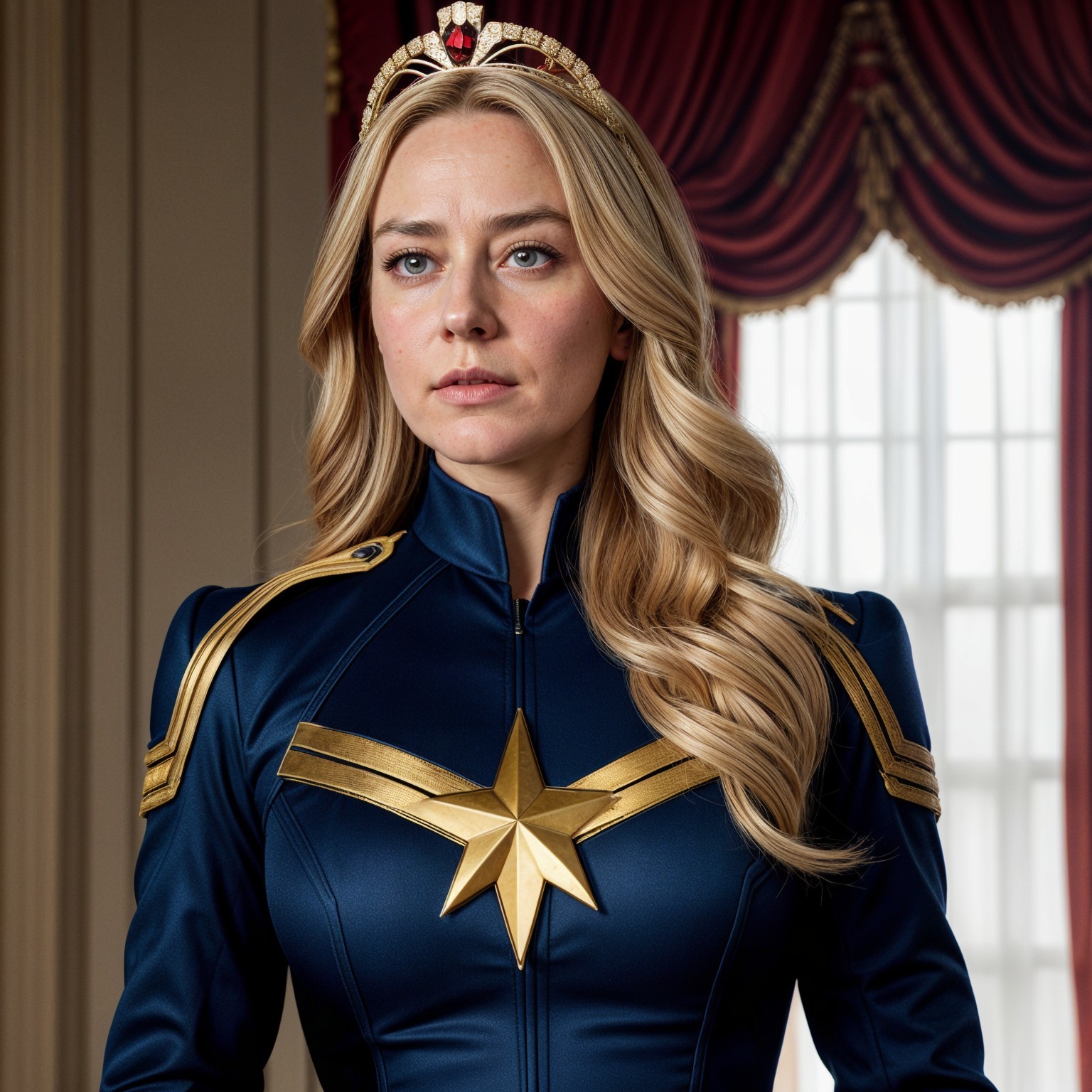 Confident Woman in Blue Suit with Crown and Drapes