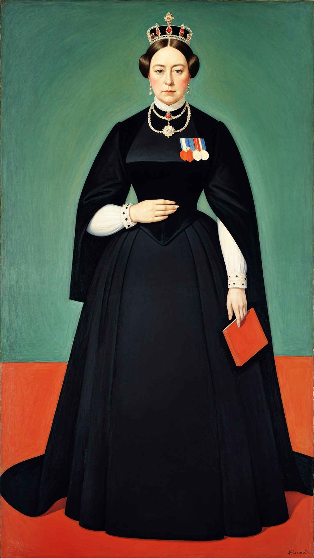Regal Woman in Elegant Black Gown and Crown