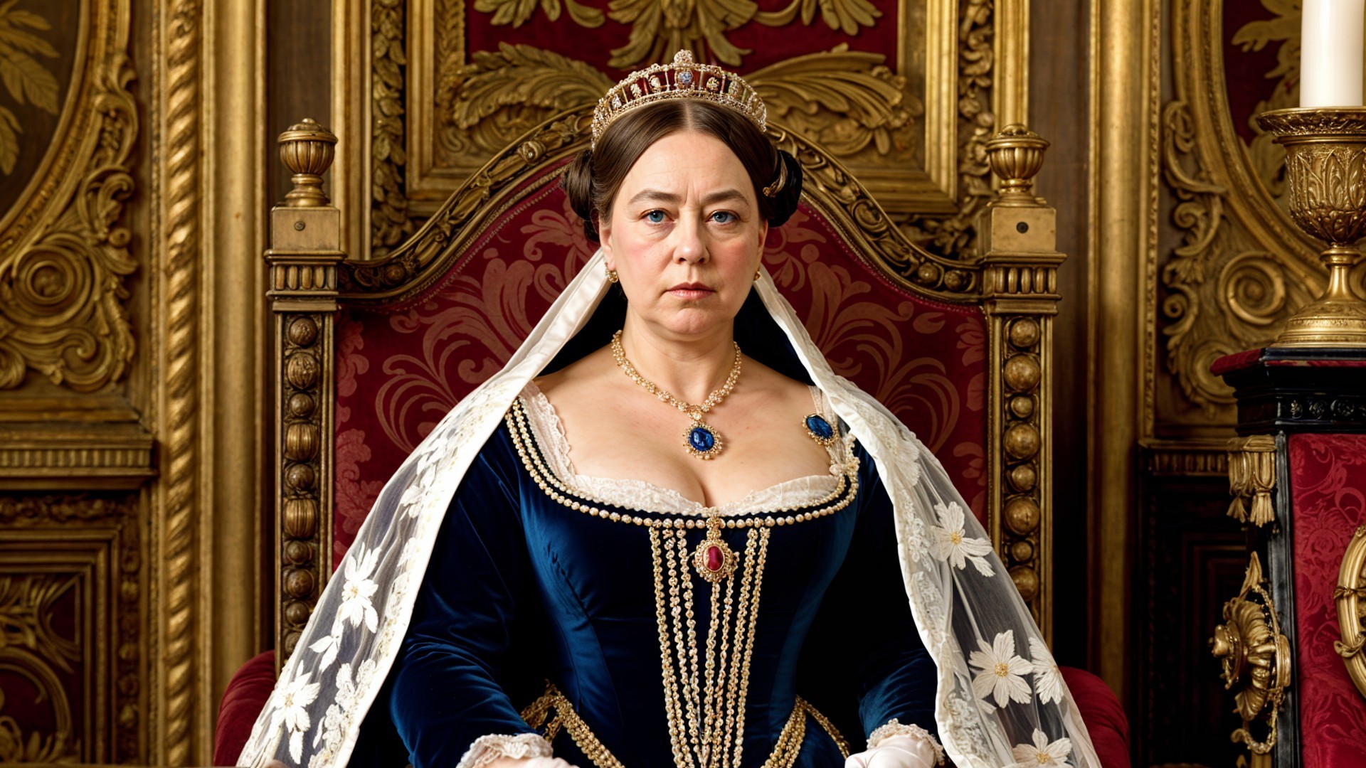 Older Woman in Blue Velvet Dress on Ornate Throne