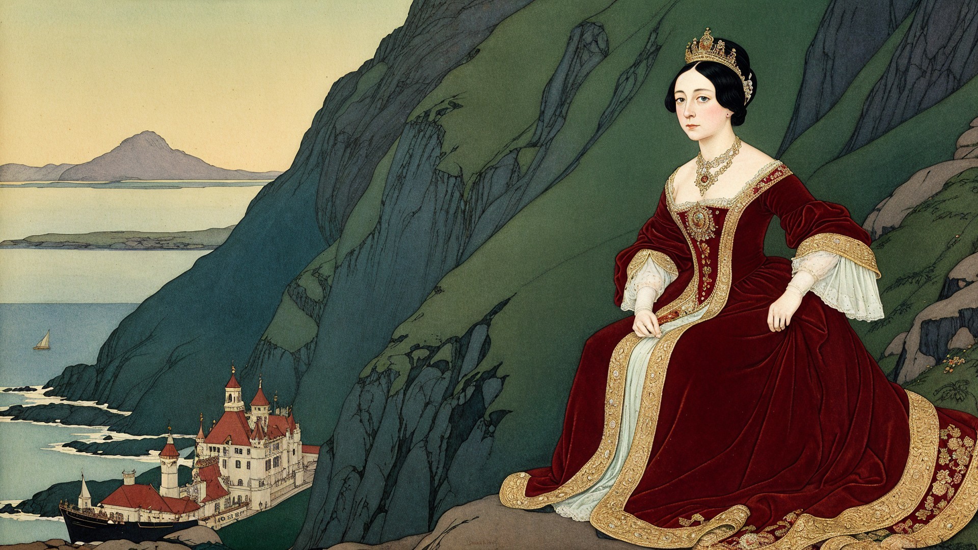 Ukiyo-e Image of Princess by Bay with Mountain and Castle