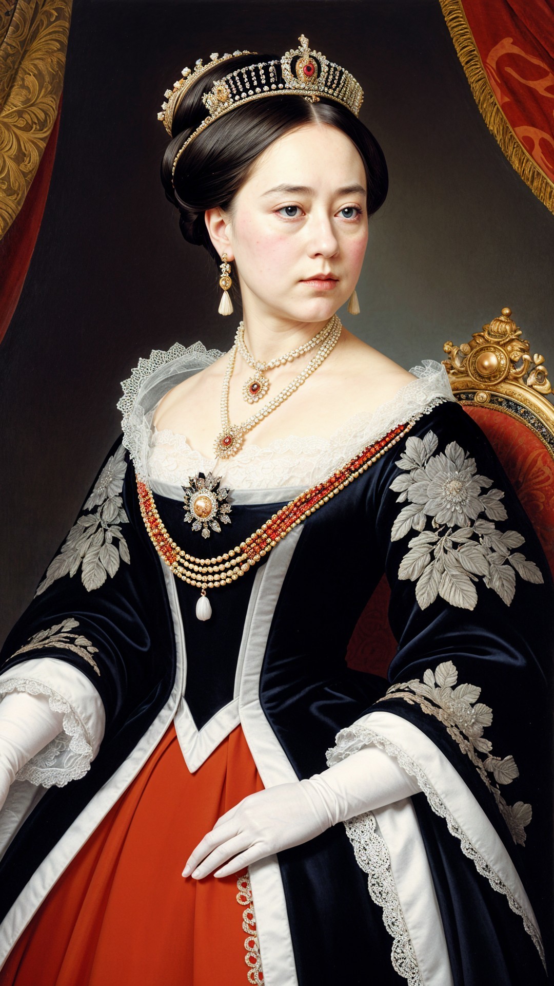 Regal Portrait of a Figure in Black and Red Gown