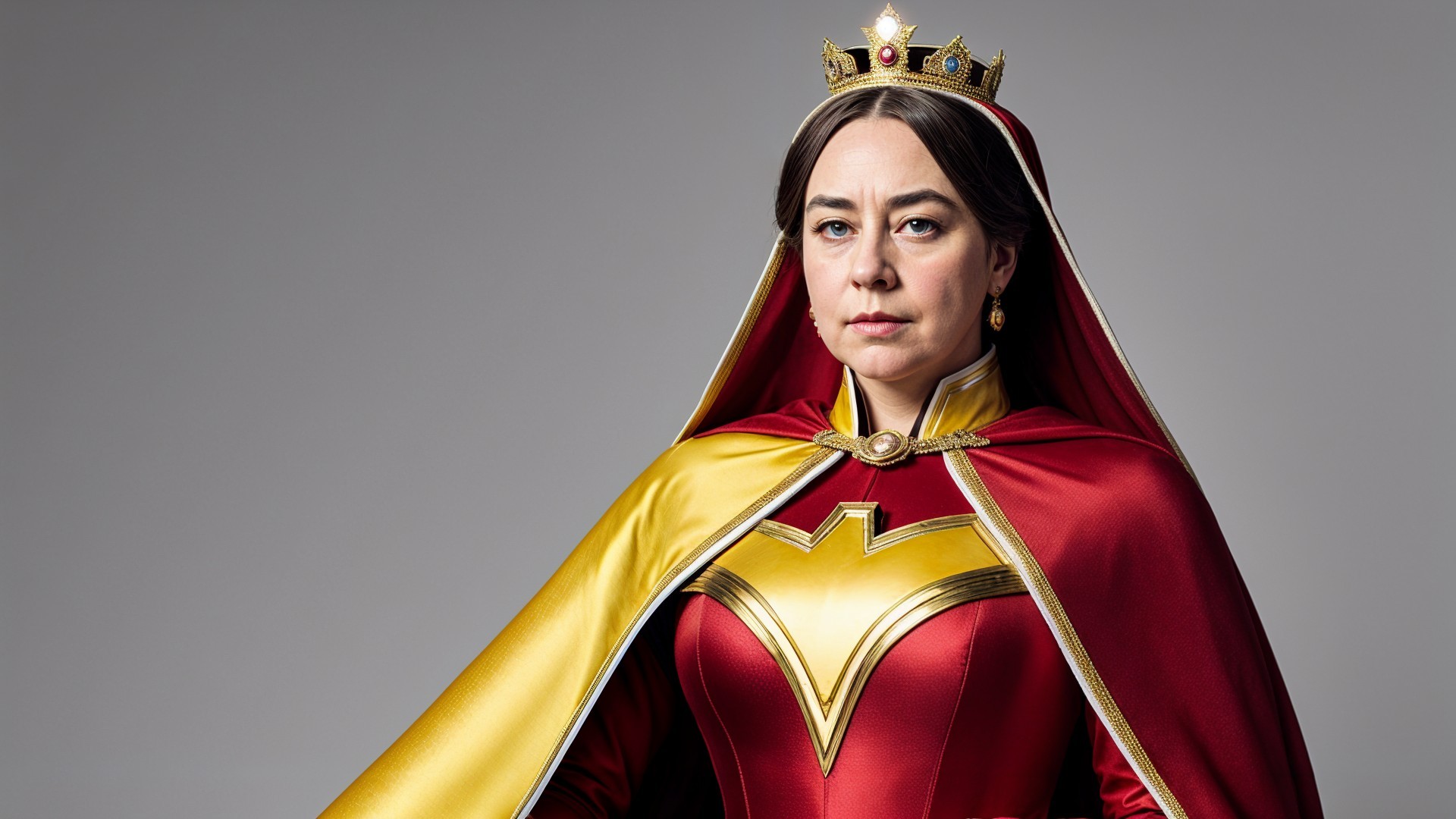 Sophisticated Woman in Modern Queen Costume Against Gray
