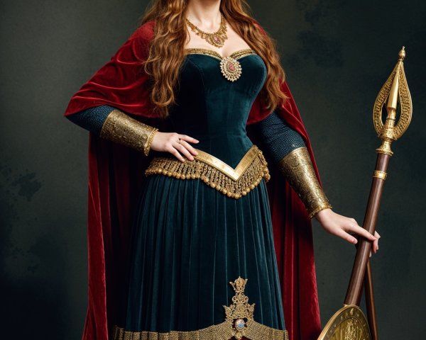 Regal woman in green velvet gown with crown and shield