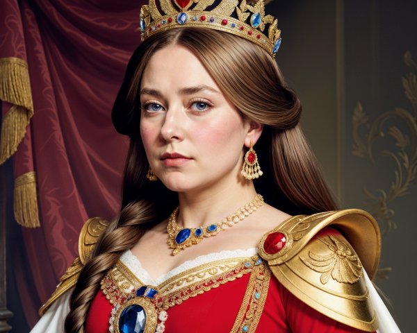 Regal figure in red gown with gold accents and crown