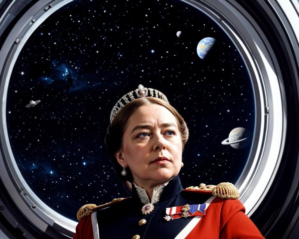 Regal Figure in Spacecraft Against Cosmic Backdrop