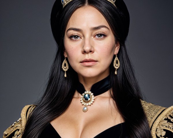 Regal Woman in Black Gown with Gold Embroidery