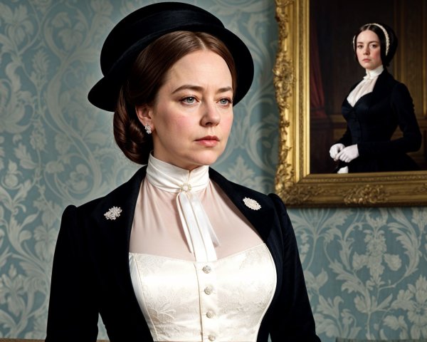 Victorian Woman in Elegant Attire with Vintage Decor