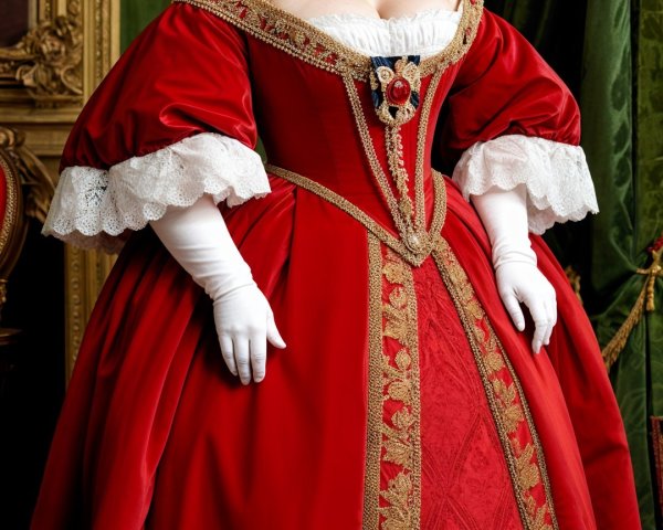 Regal figure in red gown with gold embroidery