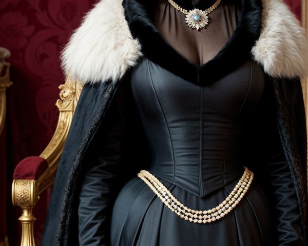 Regal figure on ornate throne in elegant black gown
