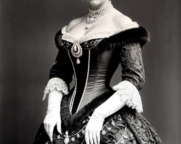Regal Woman in Elaborate Black Gown and Tiara