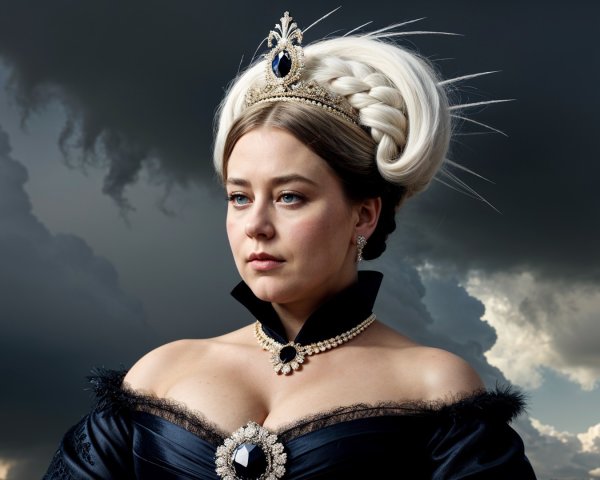 Victorian-era gown with ornate jewelry and hairstyle