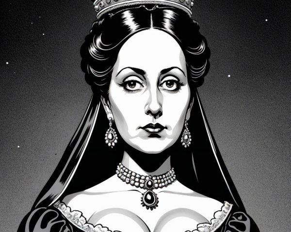 Regal woman in crown and opulent gown with veil