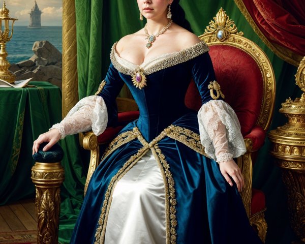 Regal Woman on Throne in Elegant Navy Gown
