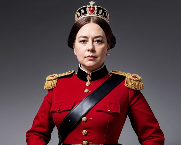 Regal figure in red military uniform with crown