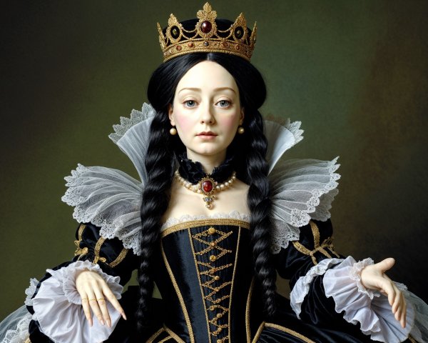 Regal doll in black gown with gold details and crown