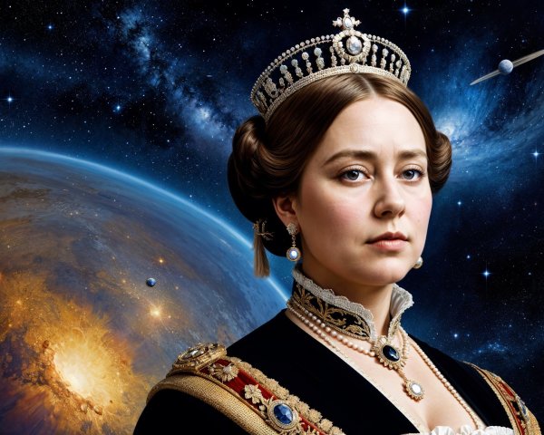 Regal Figure in Opulent Gown Against Cosmic Background