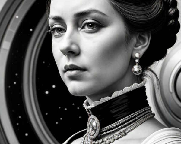 Black and white portrait of a regal woman with crown