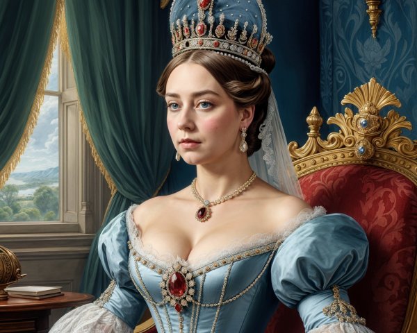 Regal Woman in Elegant Blue Gown and Ornate Chair