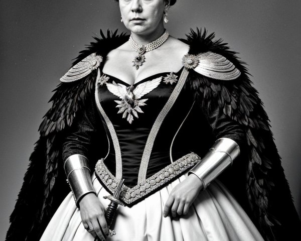 Regal Figure in Black and White Portrait with Crown