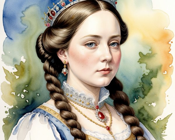 Young woman in jeweled crown and elegant gown