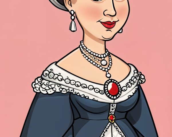 Stylized Illustration of a Queen in Dark Blue Gown