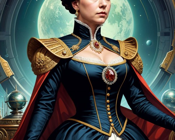 Regal figure in blue gown with celestial backdrop