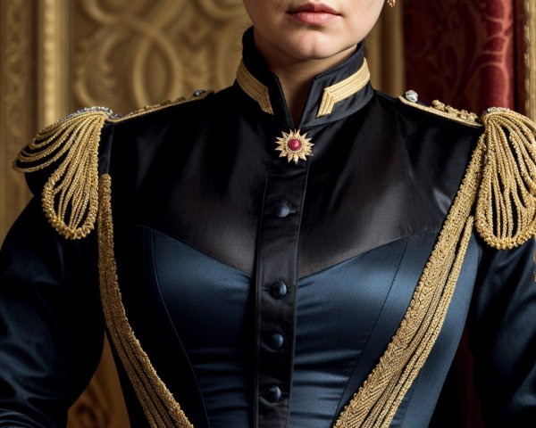 Poised Woman in Dark Blue Gown with Gold Embroidery