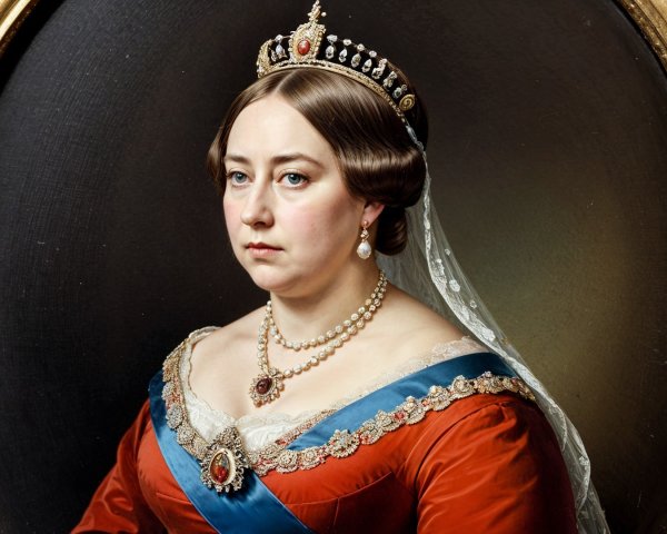 Regal Portrait of a Figure in Red Gown and Tiara