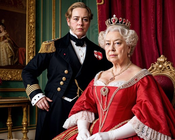 Regal Portrait of Woman in Red Gown and Military Man