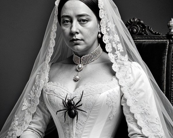 Regal Woman in White Gown with Black Spider Detail