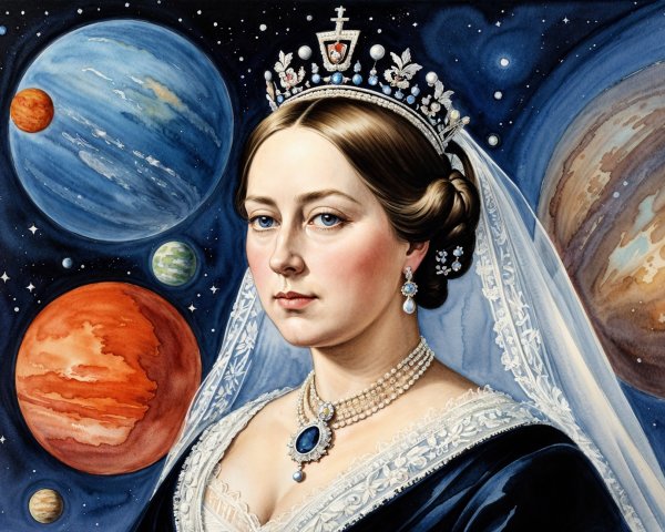 Regal Woman in Dark Gown Against Cosmic Backdrop