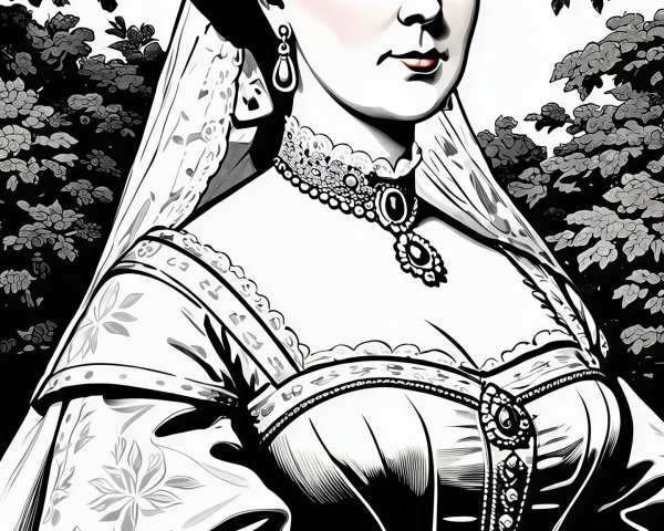 Black and White Ink Drawing of a Queen in Regal Attire