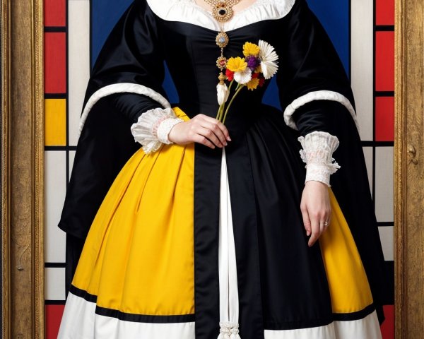 Historical gown with floral bouquet and stained glass backdrop