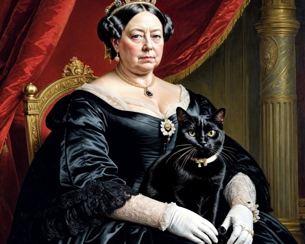Regal Woman in Black Gown with Cat and Red Drapery
