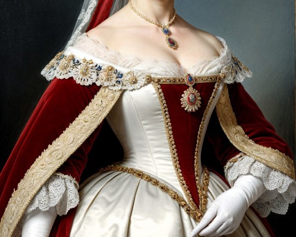 Regal figure in elegant gown with red and gold details