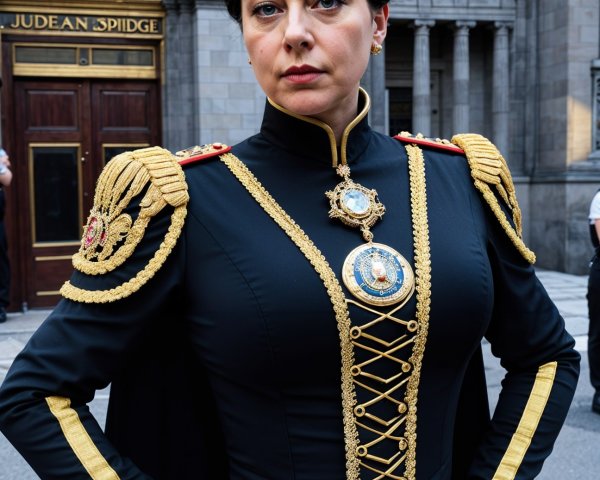 Military-Inspired Outfit with Regal Cape and Architecture